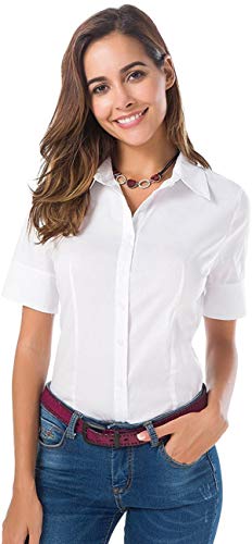 Atnlewhi Womens Basic Button Down Shirts Short Sleeve Cotton Simple Stretch Formal Casual Blouse White