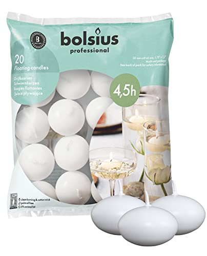 Bolsius White Floating Candles 1.75 Inch – 20 Pack Candle Set – 5+ Hours Burn Time – Premium European Quality – Smokeless & Dripless Smooth Flame – 100% Cotton Wick – Beach, Wedding, & Party Accessory