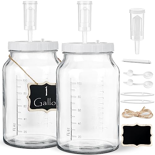 2 Pack 1 Gallon Large Fermentation Jars with 3 Airlocks and 2 SCREW Lids(100% Airtight Heavy Duty Lid w Silicone) - Wide Mouth Glass Jars w Scale Mark - Pickle Jars for Sauerkraut, Sourdough Starte