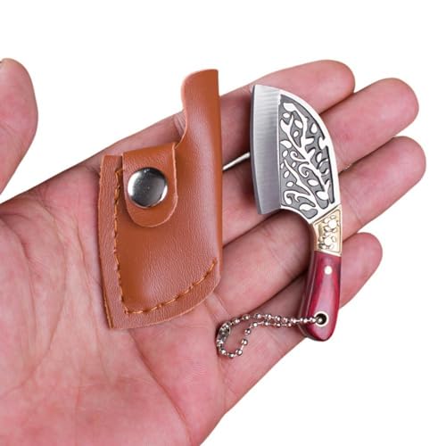 SZHOWORLD Ultra Small Fixed Blade Knife, 1.5 inch 5Cr15 Stainless Steel Blade with Brass+Colored Wood Handle, Mini Kitchen Knife Shape Box Cutter with Leather Sheath for Gift Collection EDC (Red brown)