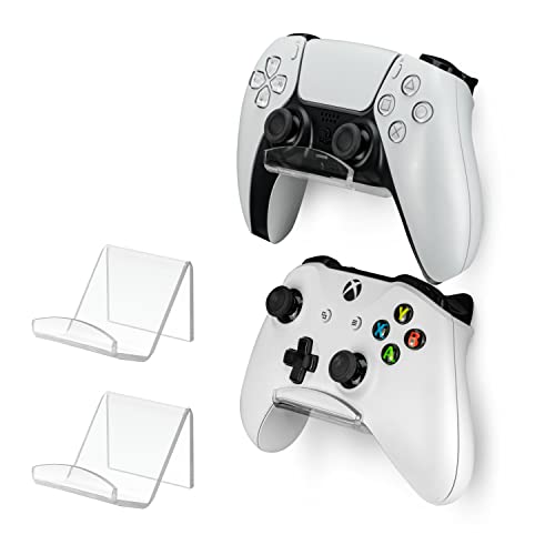 BRAINWAVZ 2 Pack Game Controller Wall Mount Hanger Holder for Xbox, Playstation, PC & More, Strong VHB Adhesive, Universal Fit, (Clear)