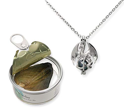 Pearlina Dragon Cultured Pearl in Oyster Necklace Set Silver-tone Cage w/Stainless Steel Chain 18'