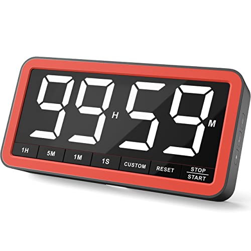 VOCOO Digital Kitchen Timer with 7.8” LED Display, Magnetic, 3 Brightness, 4 Alarms and 3 Volume Levels, Battery Powered Countdown Count Up Timer for Cooking, Classroom, Home Gym (Black Red)