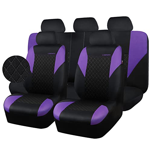 CAR PASS Ultrasonic Embossing Cloth Universal seat Covers-Breathable car seat Cover with 5mm Composite Sponge Inside,Airbag Compatible,2zipper Bench for Sedan,SUV,Truck(Black and Purple,Full Set)