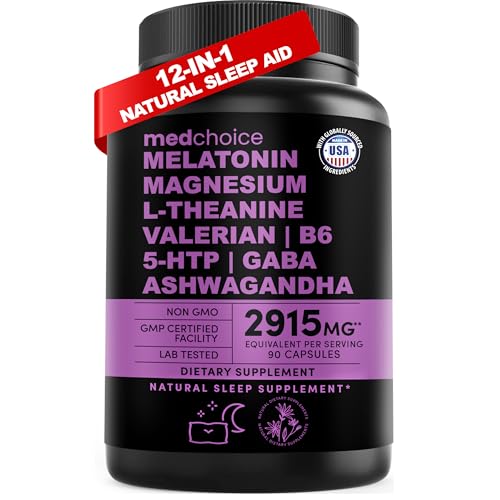 12-in-1 Melatonin Capsules - Melatonin 5mg Natural Sleep Aids for Adults - Magnesium Glycinate 500mg, Ashwagandha, L Theanine, Valerian Root, GABA, 5-HTP, Sleep Supplement for Adults, Pack of 1