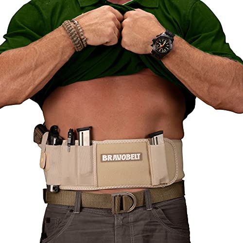 BRAVOBELT Belly Band Holster - Athletic Fit for Running, Jogging, Hiking - Glock 17-43 Ruger S&W M&P 40 Shield | for Men & Women (Tactical Nude, Standard - Up to 44' Belly)