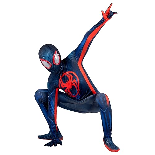 Marvel Miles Morales Official Youth Deluxe Zentai Suit - Spandex Jumpsuit with Printed Design and Detachable Spandex Mask with Plastic Eyes