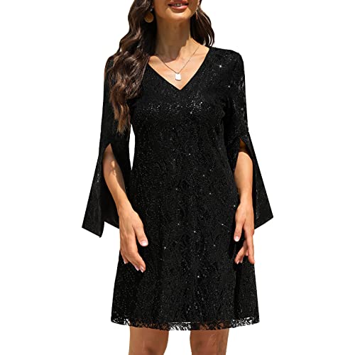 COOAN Wedding Guest Dresses for Women,Women's Cocktail Dresses，Formal Dresses for Women,Lace Sequin Prom Dress(Y-012-black-M)