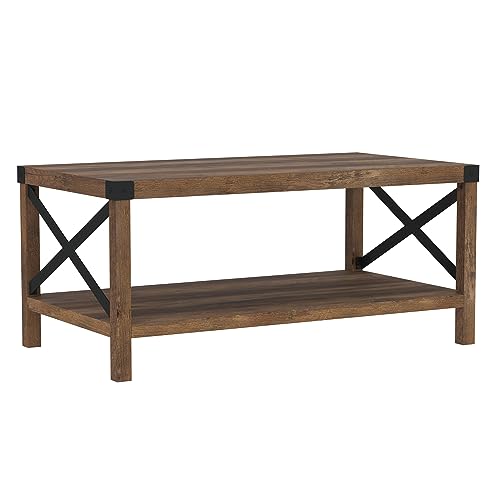 Walker Edison Sedalia Modern Farmhouse Metal X Coffee Table, 40 Inch, Rustic Oak