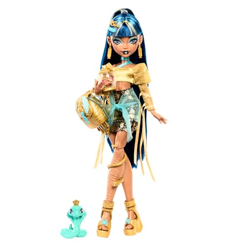 Monster High Cleo De Nile Doll in Golden Blouse & Layered Skirt, includes Pet Cobra Hissette & Accessories like a Backpack, Snack & Scroll