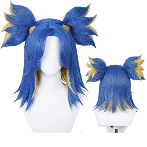 Anime Blue Cosplay Wig Unisex Game Cos Wigs with Curtain Bangs Cute Ponytails + Wig Cap Synthetic Fiber Hair for Women Men Halloween Costumes Party