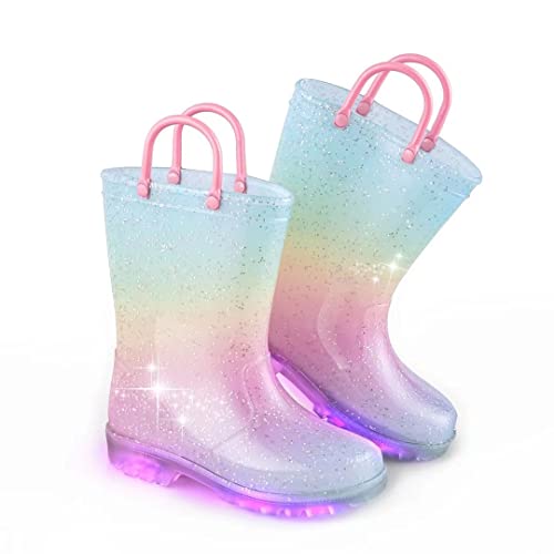 EUXTERPA Toddler Kids Glitter Light Up Waterproof Rain Boots for Girls Sparkle Rainbow Rain Shoes with Easy On Handles, Size 7