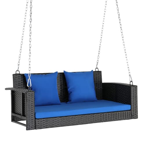VINGLI Heavy Duty 800 LBS Wicker Hanging Porch Swing with Cushions & Chains, 4FT Outdoor Rattan Swing Bench for Garden, Yard, Lawn (Black+Blue)