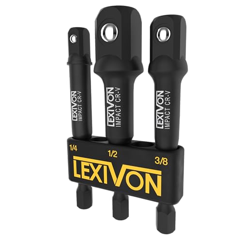 LEXIVON Impact Grade Socket Adapter Set, 3' Extension Bit With Holder | 3-Piece 1/4', 3/8', and 1/2' Drive, Adapt Your Power Drill To High Torque Impact Wrench (LX-101)