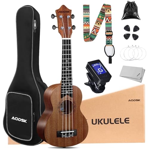 AODSK Soprano Ukulele for Beginner 21 Inch Ukelele Kit with Gig Bag StrapTuner Strings Picks Cloth Holiday Gift-Ukulele Lessons