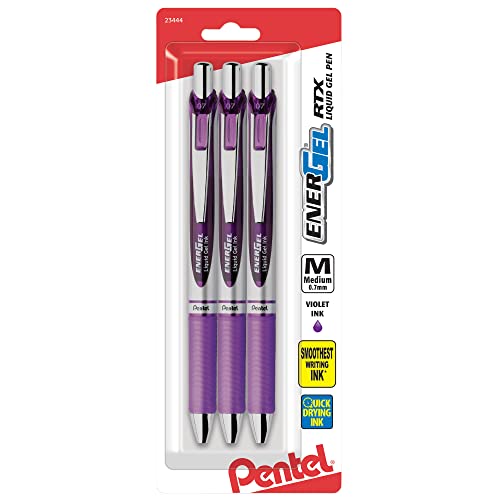 Pentel EnerGel Deluxe RTX Gel Pens, Medium Point, 0.7 mm, Assorted Barrels, Violet Ink, Pack Of 3