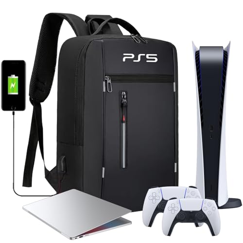 ZLDYPINK Game Backpack Compatible with PlayStation 5 Console, Protective Carrying Case for PS5, Travel Storage Bag with USB Port for PS5 Disc Controllers and Gaming Accessories