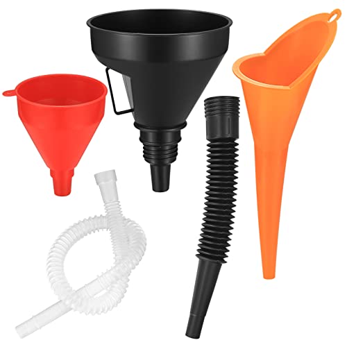 HexinYigjly 3 Pcs Automotive Funnels Set, Wide Mouth Fuel Funnels, Plastic Long Neck Oil Funnels, Flexible Right Angle Funnels, with Detachable Spout and Filter for Water/Gasoline/Coolant/Engine Oil