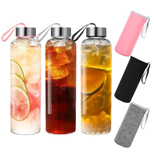 GoldArea Glass Water Bottles with Sleeve - 3 Packs 18oz Glass Bottles with Lids - Ideal for Juice, Juice Cleanses, and Reusable Juicing Bottles，Wide Mouth Liquid Storage Containers for Refrigerator