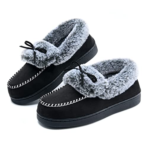 DL Womens Fuzzy Warm Moccasin Slippers Memory Foam, Soft Fluffy Women's Winter House Slippers Closed Back Fur Lined, Cozy Ladies Suede Indoor Bedroom Slippers Houseshoes Non-Slip Black Size 8