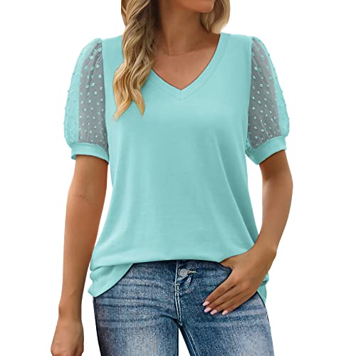 Lightning Deals of Today Prime Clearance 2023 Lace Swiss Dot Puff Sleeve Summer Tops for Women Casual V Neck Tunic T Shirts Dressy Loose Fit Blouse Cute Tees Short Sleeve Shirts