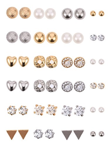 24 Pairs Stud Earrings Crystal Pearl Earring Set Ear Stud Jewelry for Girls Women Men, Silver and Gold