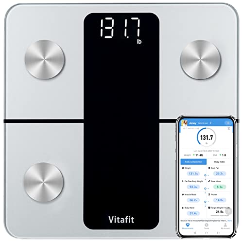 Vitafit Smart Bathroom Scale for Body Weight and Fat, FSA HSA Store Eligible, Weighing Professional Since 2001,Digital Wireless Bathroom Scale for BMI Water Muscle Sync App Fitness, 400lb, Silver
