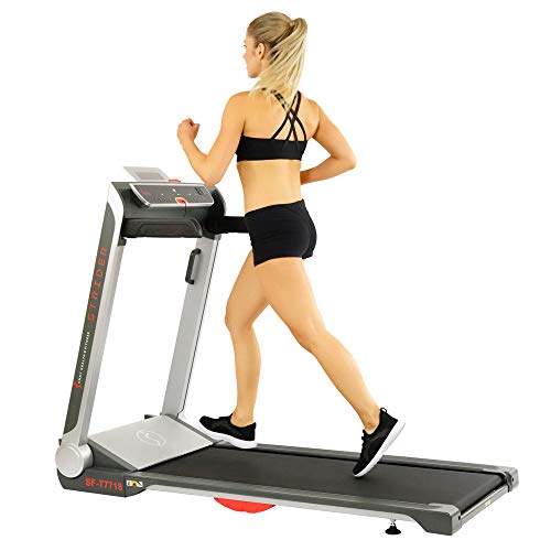 Sunny Health & Fitness No Assembly Motorized Folding Running Treadmill, 20' Wide Belt, Flat Folding & Low Profile for Portability with Speakers for USB and AUX Audio Connection - Strider, Gray