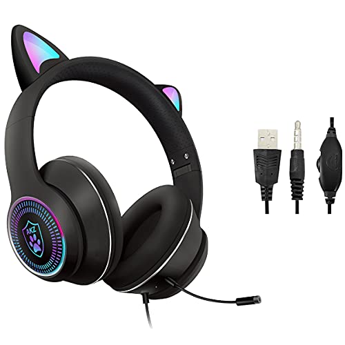 Cat Ear Gaming Headsets with Detachable Mic RGB Light Flashing Glowing Stereo Headphones, 7.1 Spatial Stereo Surround Sound Headset Over-Ear for PC, Xbox One, X & S, PS4, PS5, Nintendo Switch, Mobile