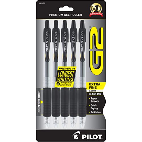 Pilot, G2 Premium Gel Roller Pens, Extra Fine Point 0.5 mm, Pack of 5, Black