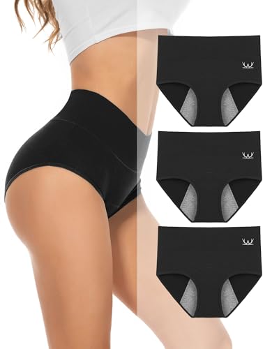 PULIOU Period Underwear for Women Heavy Flow High Waisted Menstrual Panties Teens Cotton Postpartum Hipster 3 Pack Black