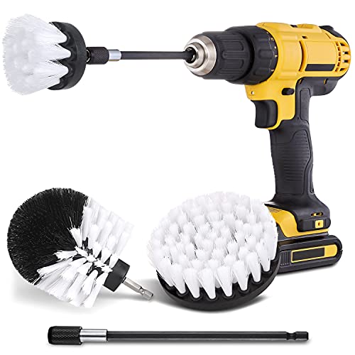 Hiware 4 Pcs Drill Brush Car Detailing Kit with Extend Attachment, Soft Bristle Power Scrubber Brush Set for Cleaning Car, Boat, Seat, Carpet, Upholstery and Shower Door - White