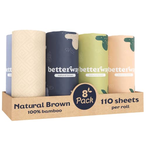 Betterway Bamboo Natural Brown Paper Towels - 8 Rolls, 2 Ply, 110 sheets - Plastic Free, Disposable Kitchen Paper Towels - Select Size, Tree Free, Compostable, Strong & Absorbent