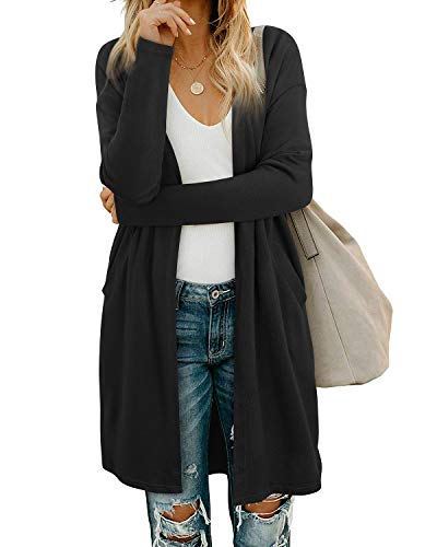 OUGES Women's Fashion Fall Winter Black Kimonos Long Sleeve Lightweight Sweater Cardigan Shirt Clothing with Pockets(Black,L)