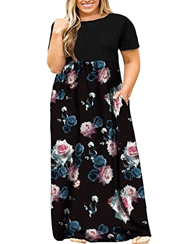 Kancystore Plus Size Long Dresses for Women Casual Short Sleeve Summer Dress XX-Large Black Pink