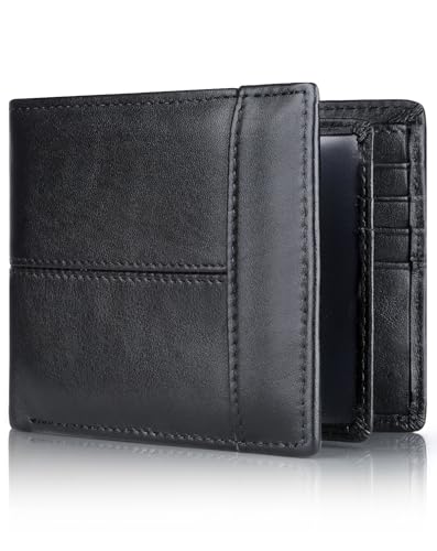 Swallowmall Mens Wallet RFID Genuine Leather Bifold Wallets For Men, ID Window 16 Card Holders Gift Box