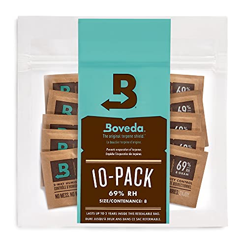 Boveda 69% Two-Way Humidity Control Packs for Storing Up to 5 Items – Size 8 – 10 Pack – for Small Plastic Travel Cases & Bags – Moisture Absorbers – Humidifier Packs in Resealable Bag