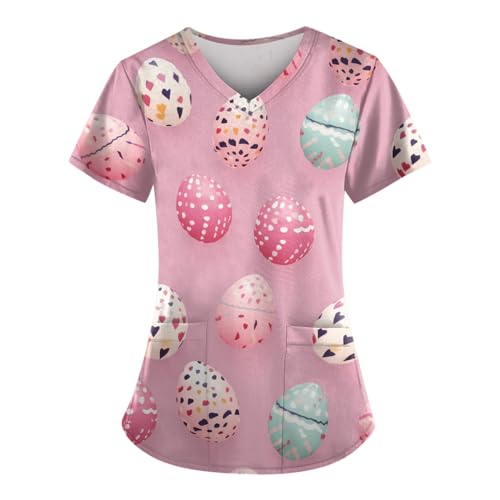 Women's V-Neck Printing Working Uniform Casual Pocketed Scrub Top Funny Cute Tee Nursing Shirts Working Tees（5X-Large,5-Pink）