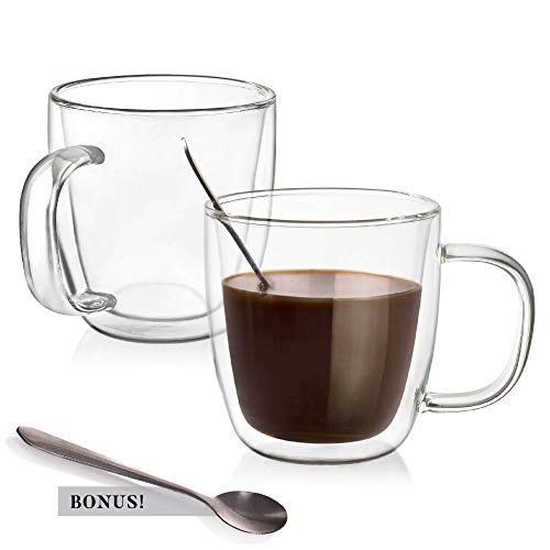 Lumi and Numi Set of 2 Insulated 14 Oz. Double Walled Glass Coffee Mugs – Clear Espresso Cups with 2 Stainless Steel Spoons for Hot and Cold Tea, Lattes – Lead-Free