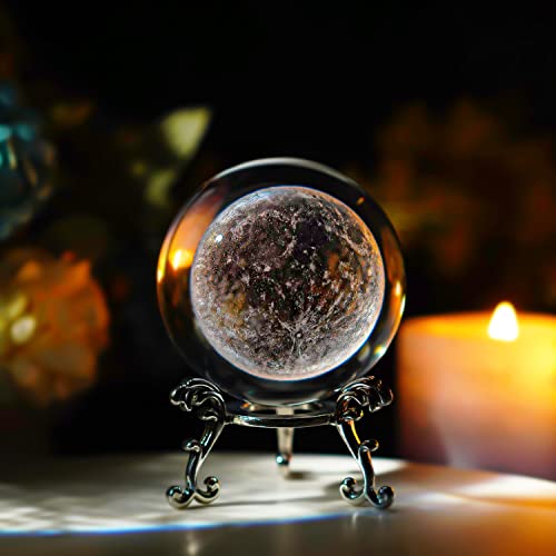 H&D HYALINE & DORA 60mm(2.3inch) Moon Crystal Ball Paperweight 3D Laser Engraved Quartz Glass Ball with Stand Sphere Table Decor Crafts