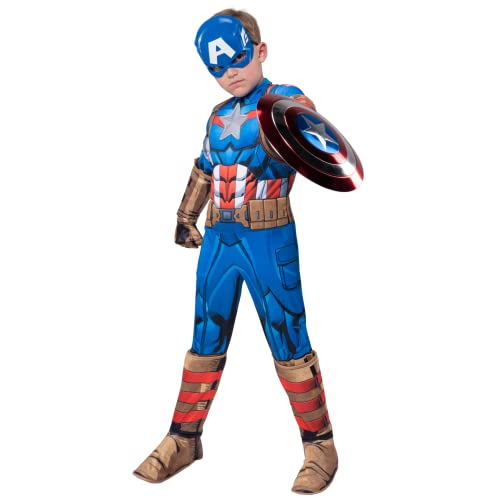MARVEL Captain America Youth Deluxe Costume - Padded Jumpsuit with Gloves, Half Mask, and Shield Small