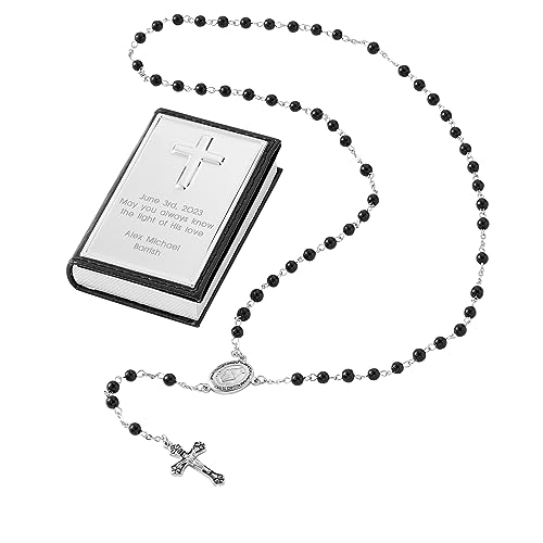 THINGS REMEMBERED First Communion Black Rosary and Engraved Keepsake Box