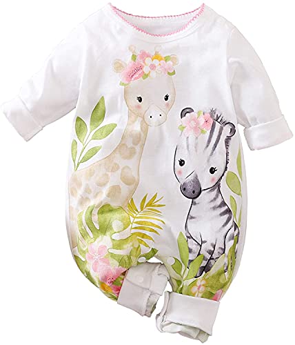Aoswep - Cute Giraffe + Zebra With Floral Print Long Sleeve Baby Girl Clothes White Jumpsuit For Baby One-Piece Romper
