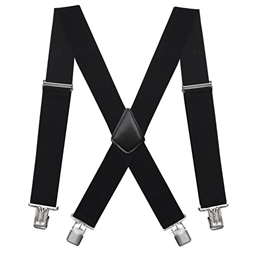Fasker Mens Suspenders X-Back 2' Wide Adjustable Solid Straight Heavy Duty Clip Suspenders for Men Women, Black