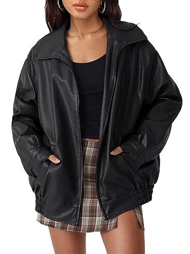 AUTOMET Women's Oversized Jackets, Leather Faux Motorcycle Plus Size Zip Up Sweatshirts 2024 Winter Coats Clothes Dups