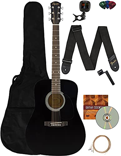 Fender Squier Dreadnought Acoustic Guitar - Black Learn-to-Play Bundle with Gig Bag, Tuner, Strap, Strings, String Winder, Picks, Fender Play Online Lessons, and Austin Bazaar Instructional DVD