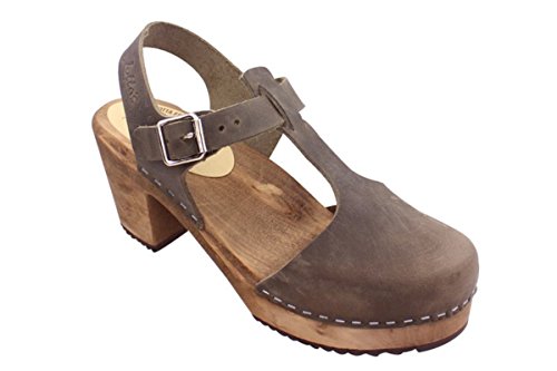 Lotta From Stockholm Swedish High Heel Highwood T-Bar Clogs for Women in Taupe Oiled Nubuck Leather on Brown Base Size 42