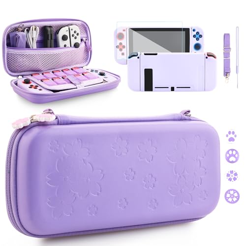 FUNDIARY Purple Carrying Case for Nintendo Switch, Switch Accessories with Carry Case, Dockable Protective Cover Case, Screen Protector, 4 Cute Thumb Grips, Adjustable Shoulder Strap and Wrist Band