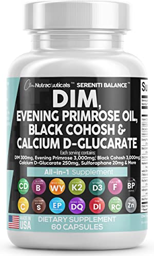 Clean Nutraceuticals DIM 300mg Evening Primrose 3000mg Black Cohosh 3000mg Calcium D-Glucarate 250mg Sulforaphane Flax Seed Extract - Hormonal Support Vitamins for Women with Dong Quai - 60 Caps