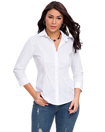 Womens Button Down Shirts Official Formal 3/4 Sleeve White Stretch Blouse Summer Dress Shirt